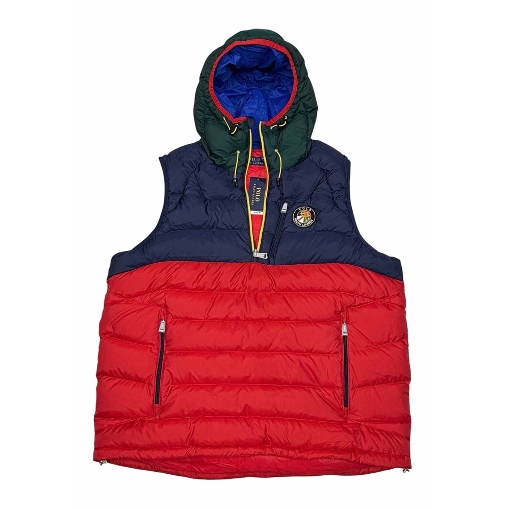 Polo Ralph Lauren Big Crest Cookie Patch Hooded Pullover Puffer Vest Mens XL NEW